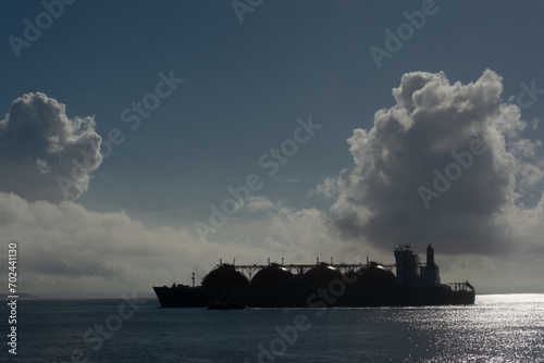 View of an oil tanker sailing in the Bay of Todos Santos, Brazil.