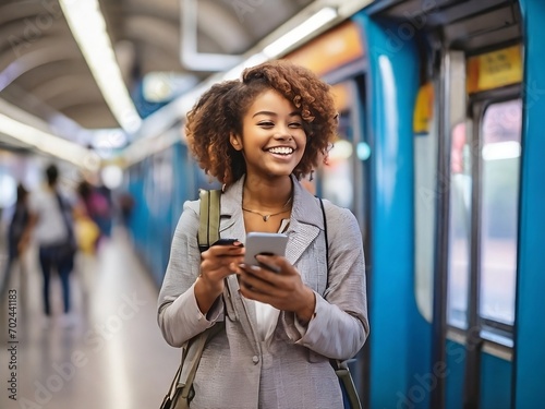 African teen girl using the phone in the train station photo