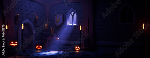 Halloween Jack O' Lanterns with Candles, in a Magical Medieval Room at Night. Halloween banner with copy-space.