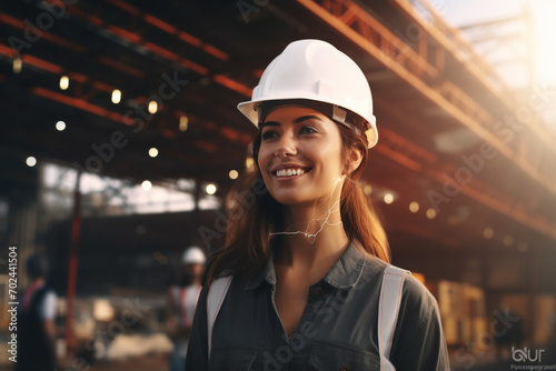 Portrait of a smiling young female engineer wearing a hardhat working on a digital tablet while standing outside on a building site