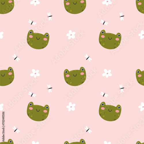 Childish seamless pattern with cute frogs, flowers and dragonflies.