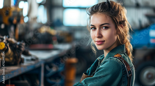 A confident female mechanic working in a garage, confident women, blurred background, with copy space