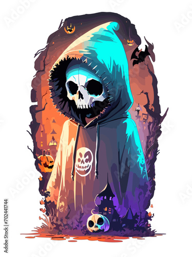 KI Halloween T-Shirt designe, Totenkopfmaste mit Kapuze 