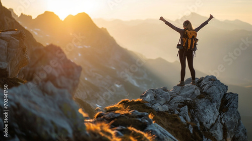 A woman hiker standing triumphantly on a mountain peak, confident women, blurred background, with copy space