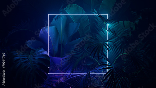 Tropical Plants Illuminated with Green and Purple Fluorescent Light. Exotic Environment with Square shaped Neon Frame. photo