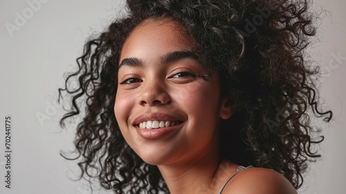 Close up studio shot of beautiful young mixed race woman model with curly dark hair looking at camera with charming cute smile while posing against white blank copy space wall for your content  © BackgroundHolic