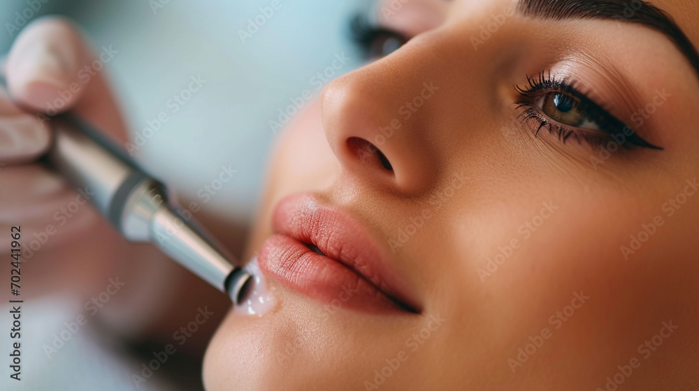 A close-up of a woman getting a professional microdermabrasion treatment, woman undergoing beauty treatments, blurred background, with copy space