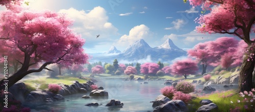 Beautiful scene with lake and lots of flowers