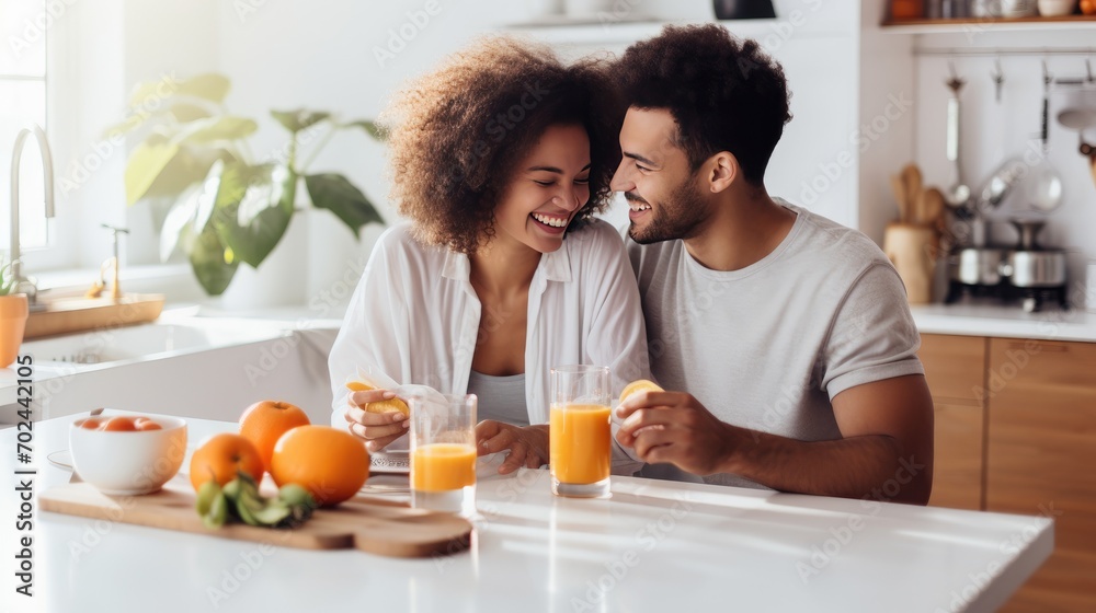 Couple Spending Time Together While Having Breakfast In The Kitchen. Family Meal Time Concept. Generative AI Couple Spending Time Together While Having Breakfast In The Kitchen. Family Meal Time Concept. Generative AI