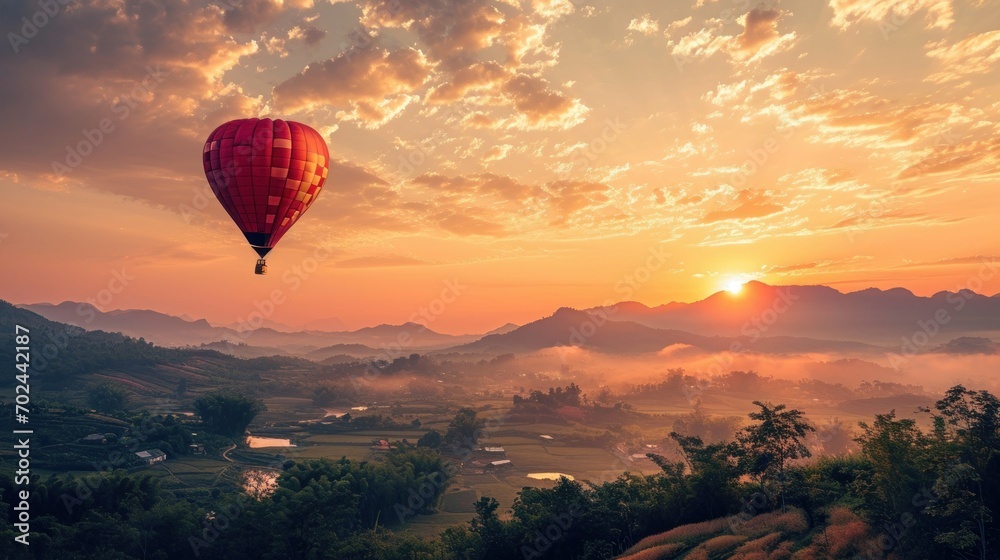 Serene Hot Air Balloon Flight Over Terraced Fields at Sunrise. Generative AI. - obrazy, fototapety, plakaty 