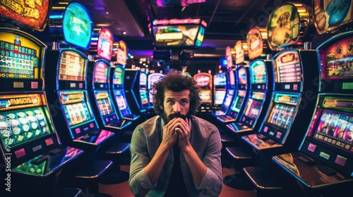 Man Faces Financial Losses Engaging in Coin Slot Machine Gambling. Generative AI photo