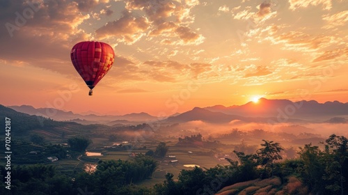 Serene Hot Air Balloon Flight Over Terraced Fields at Sunrise. Generative AI.
