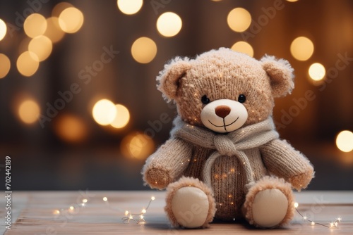 Brown teddy bear wearing a winter sweater sits on a wooden background © Photo And Art Panda
