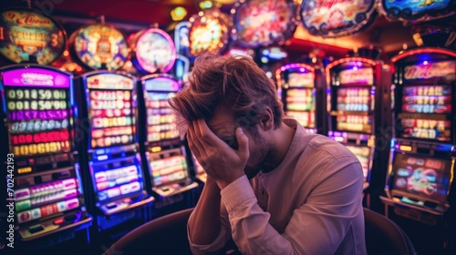 Man Loses Money While Gambling On Coin Slot Machines. Generative AI