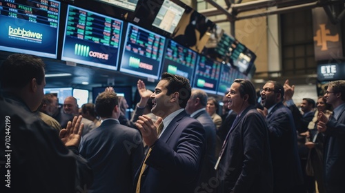 A Team of Accomplished Traders Jubilantly Marks a Successful Venture in the Stock Market, Celebrating a Lucrative Investment Bid on the Securities Market. Generative AI