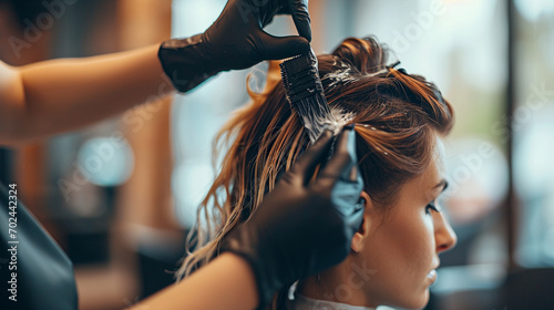 A woman in a salon getting a trendy balayage hair coloring, woman undergoing beauty treatments, blurred background, with copy space