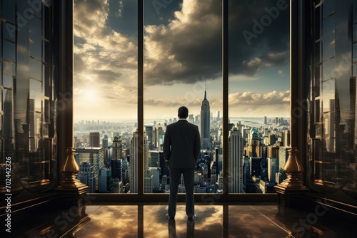 Businessman looking outside of a building in the city in the background