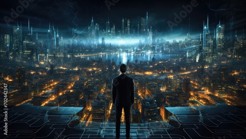 Businessman standing in a dark room looking at the modern city with a lot of different data