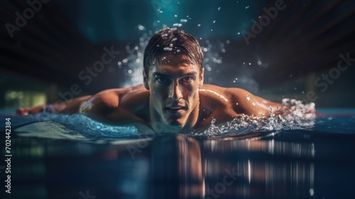 Closeup male swimmer swims crawl in the pool, front view