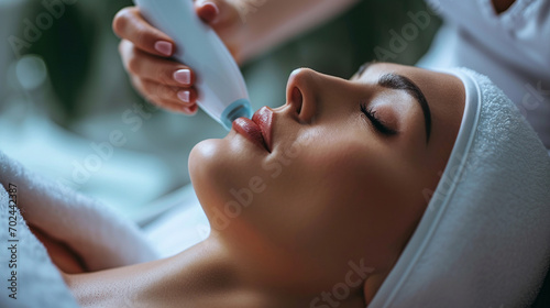 A woman getting a collagen-boosting ultrasonic facial treatment, woman undergoing beauty treatments, blurred background, with copy space