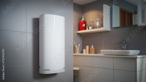 Closeup water heater in a modern bathroom with mirror and washbasin sink