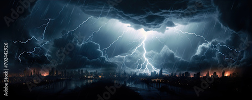 Wallpaper Mural In the eye of storm. Lightning storm over city in dakr blue light. thunderstorm flash Torontodigital.ca