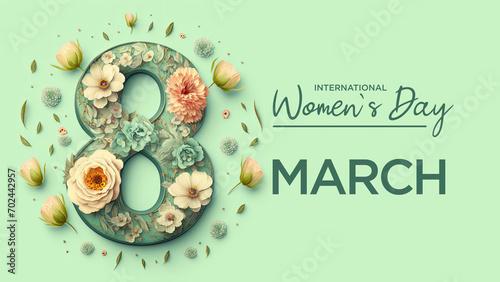 Elegant Botanical Background to Celebrate International Woman's Day. Green Floral Design with Number 8, Flowers and Caption. Generative AI. photo