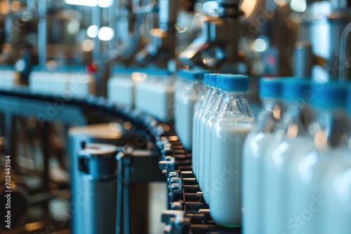 Milk bottles with blue caps on a factory conveyor line. Machine for bottling milk, industry equipment dairy plant photo