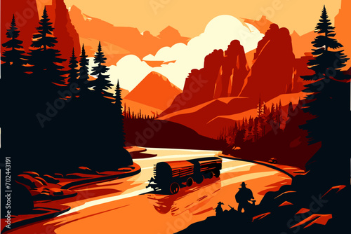Wagon train crossing a river. vektor illustation