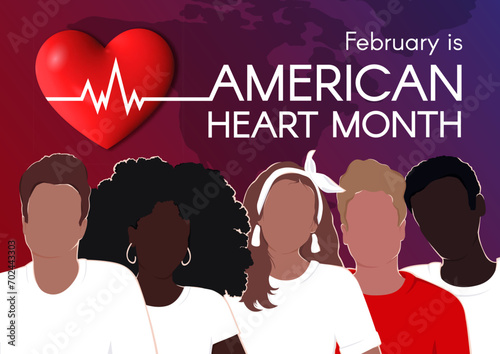 American Heart Month banner with diverse people. Vector flat illustration