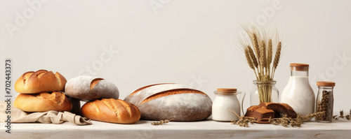 assortment of bread and pastries in wide background. copy space for text. photo