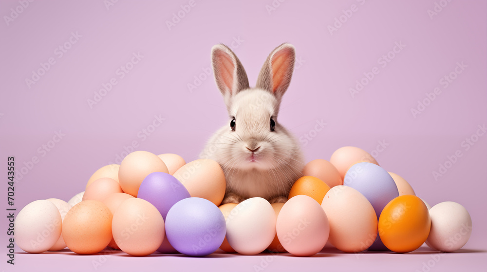 Cute Easter Bunny with Eggs on pastel purple background with copy space. Easter day. Generative AI.