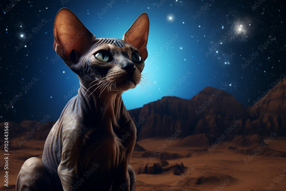 The Enchanting Sphinx Cat Gazing at the Mystical Moon and Starry Sky