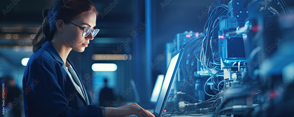 Robotics engineer using computer or laptop. robotic and digital manufacturing operation technology. copy space for text. - obrazy, fototapety, plakaty 