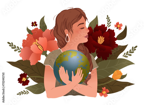 Girl hugs the Earth. Environmental problems. Earth Day. International Mother Earth Day. Vector modern flat illustration.