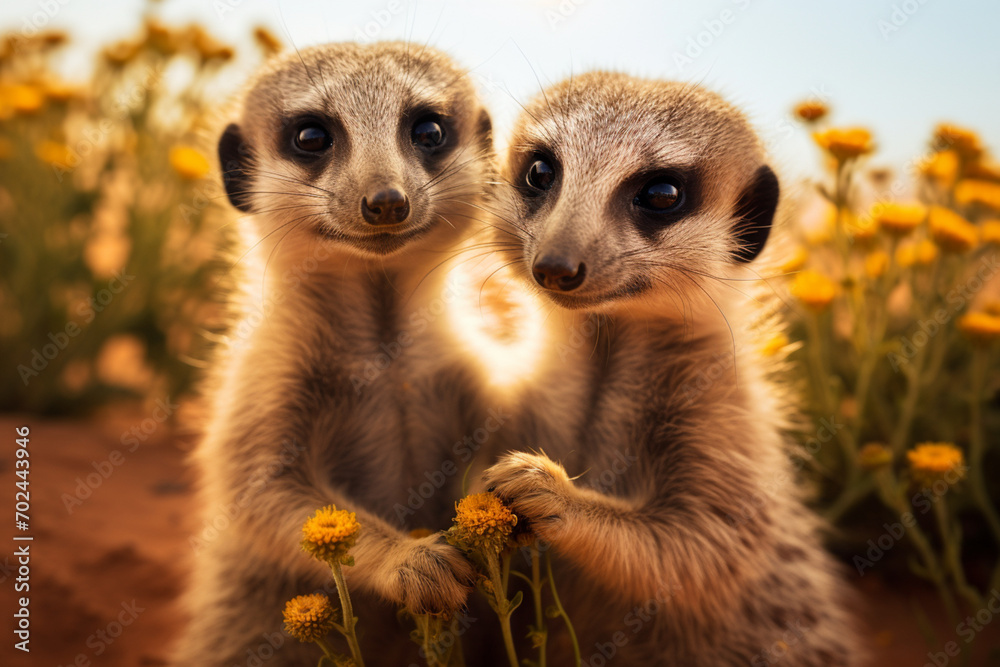 Fototapeta premium Two young suricates (Suricata suricate) appear to be greeting each other