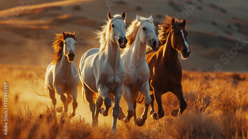 dynamic image capturing a herd of horses galloping with vigor through a desert. Dust billows around their hooves, creating a powerful scene of natural beauty and unbridled energy