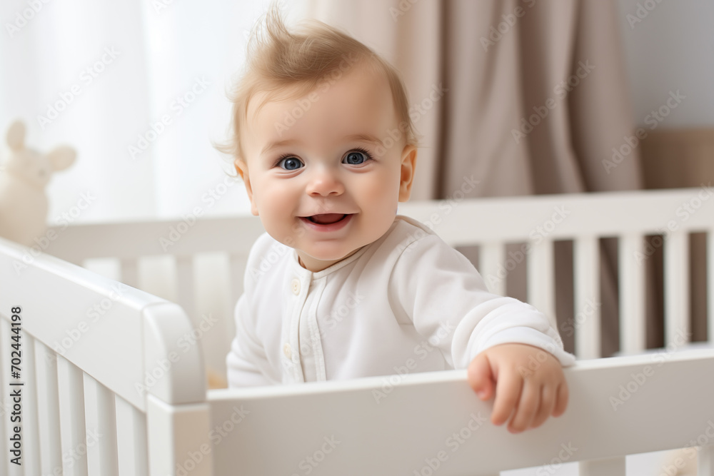 Portrait of a laughing baby standing in a crib and looking at the camera. Generative AI Portrait of a laughing baby standing in a crib and looking at the camera. Generative AI