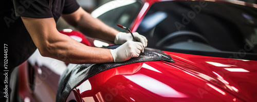Car detailing close up.: man cleaning red sport car. photo