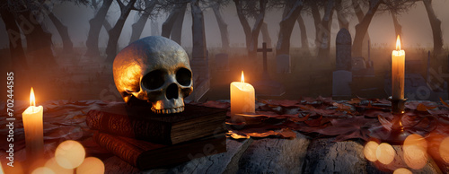 Halloween Background with Candles and Skull. Spooky Graveyard Tabletop. photo