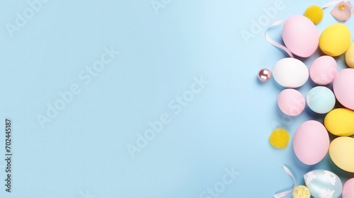 Colorful flying easter bunny balloons on a pastel blue background. Generate AI image