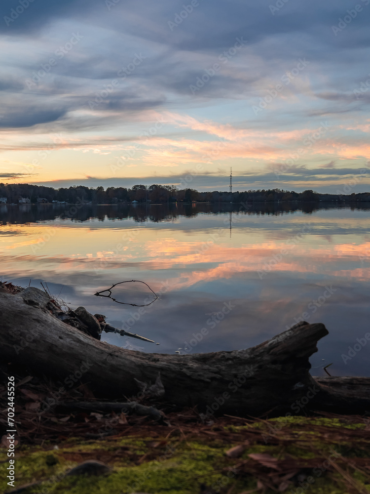 Beautiful lake with reflections in the water at sunset with spectacular colors. landscape photography