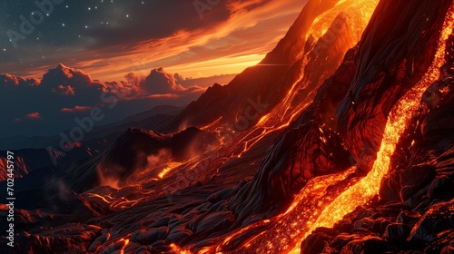 Volcanic Molten lava flows down a rugged mountainside, casting an orange glow onto the starlit sky, reminding us of the earth's fiery heart.