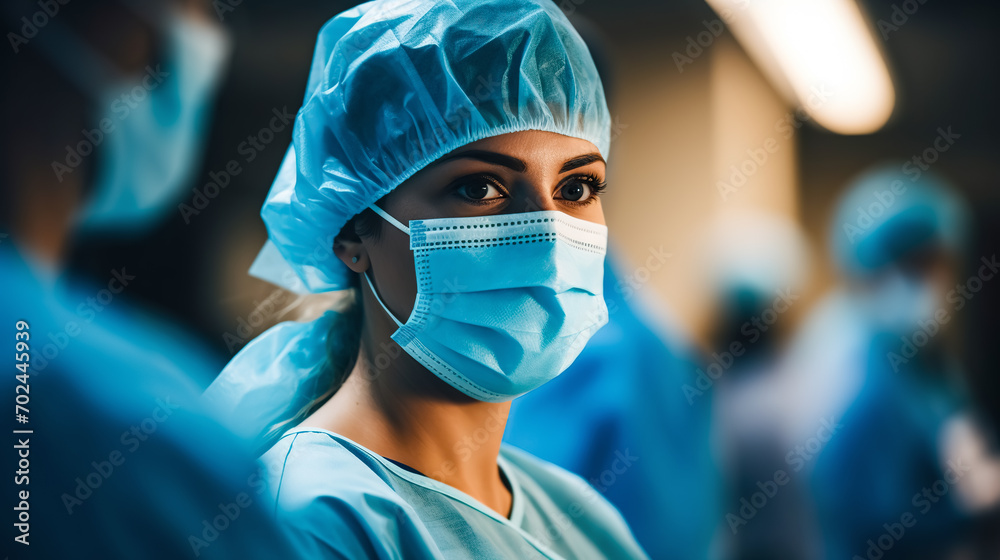 Portrait of a female surgeon at work in a operating room. Blurred background. Medical concept.