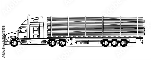 Semi truck with bunch of logs on the road. American truck on motorway. Flatbed trailer truck abstract silhouette on white background. Logging Truck sketch. Trailer with axle extendable trailer rigged.