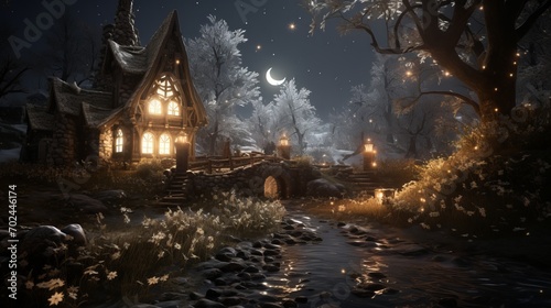 Captivating Winter Night with Sparkling Snowflakes Illuminating the Cozy Landscape