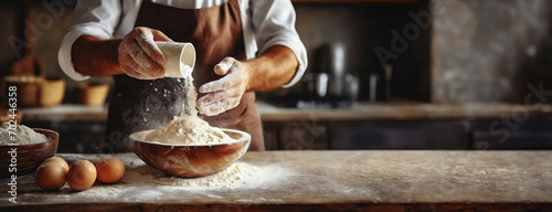 Artisanal Bread Making. A Baker's Craft in the Kitchen. A baker pours flour on a wooden surface, preparing dough amidst rustic kitchen surroundings