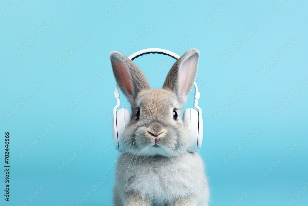 Cuteness in melody: Bunny lost in music on a blue background with headphones.