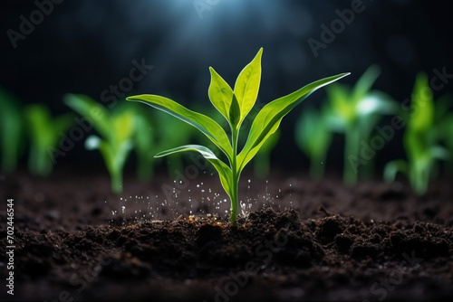 Corn seedlings are growing from fertile soil photo