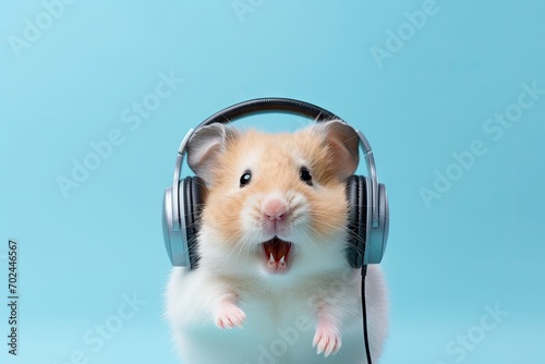 Adorable humster captured in a moment of musical delight with headphones under ocean,copy space. photo